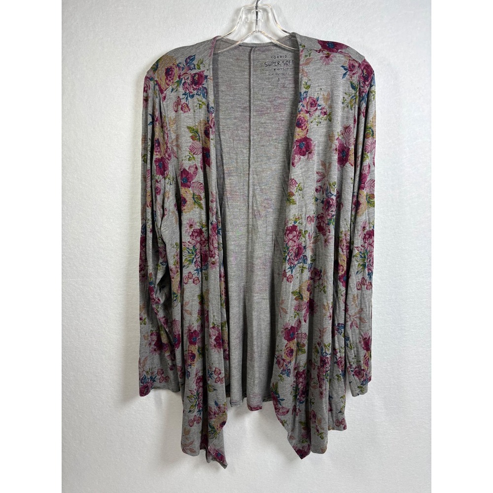 Torrid Cardigan Womens 3 Gray Rayon Floral Open Front Super Soft Knit Boho Chic